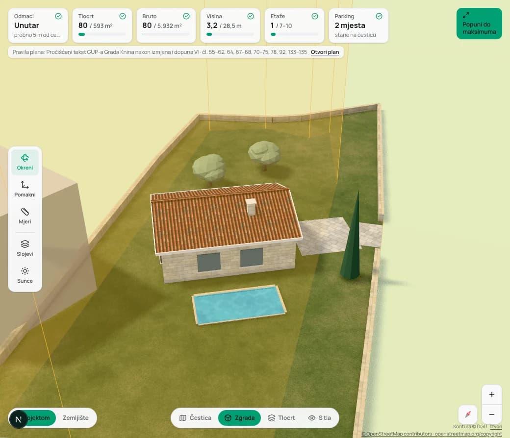 3D studio na čestici u Kninu: kuća s vrtom i bazenom, provjera prema GUP-u Grada Knina